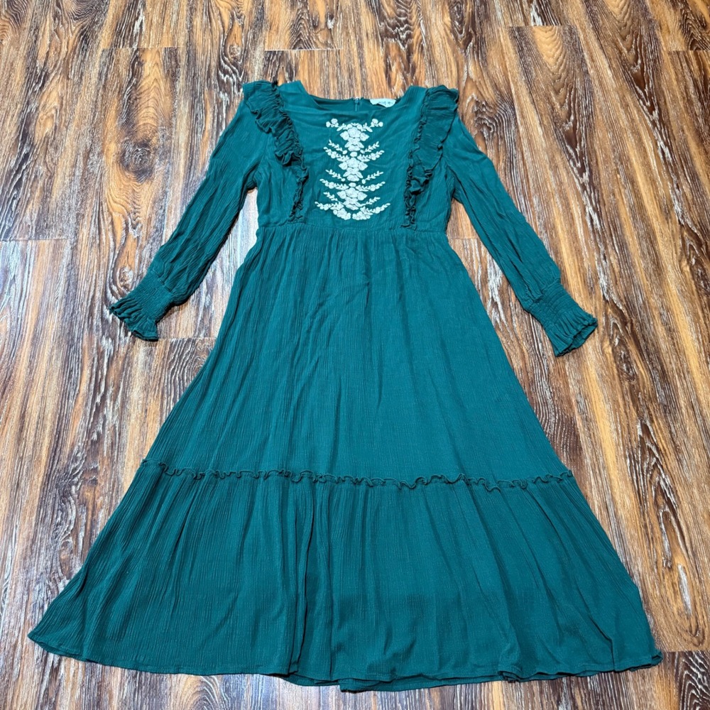 In Loom Size S Dark Green Floral Embroidered Ruffle Tiered Dress Long Sleeved